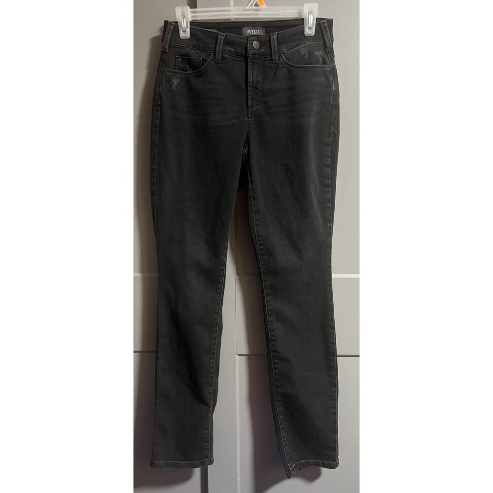 NYDJ Lift X Tuck Technology Distressed Alina Straight Leg Denim Jeans Black 2